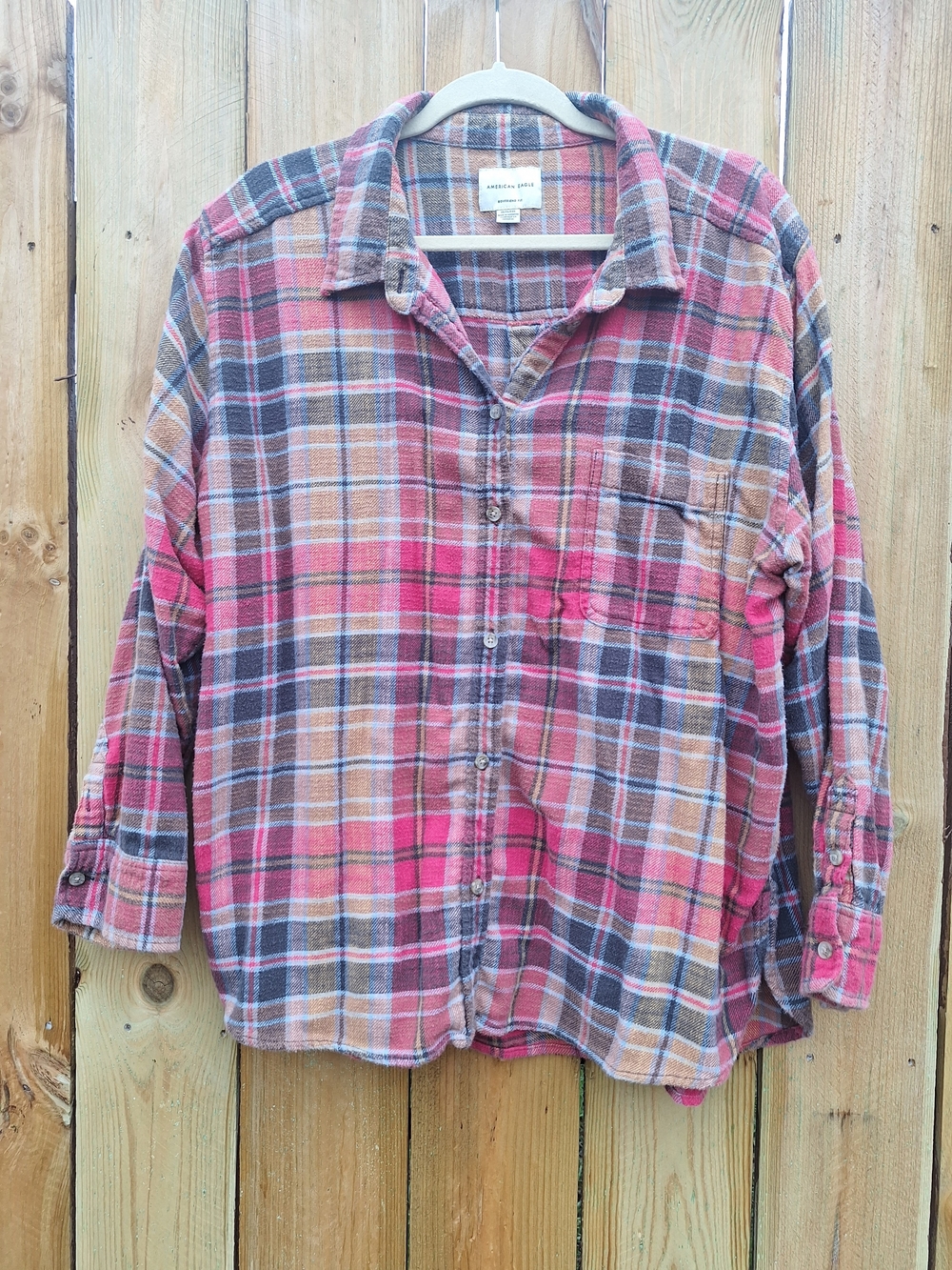 American Eagle Outfitters Pink and Brown Plaid Boyfriend Fit Button-Up Shirt XL